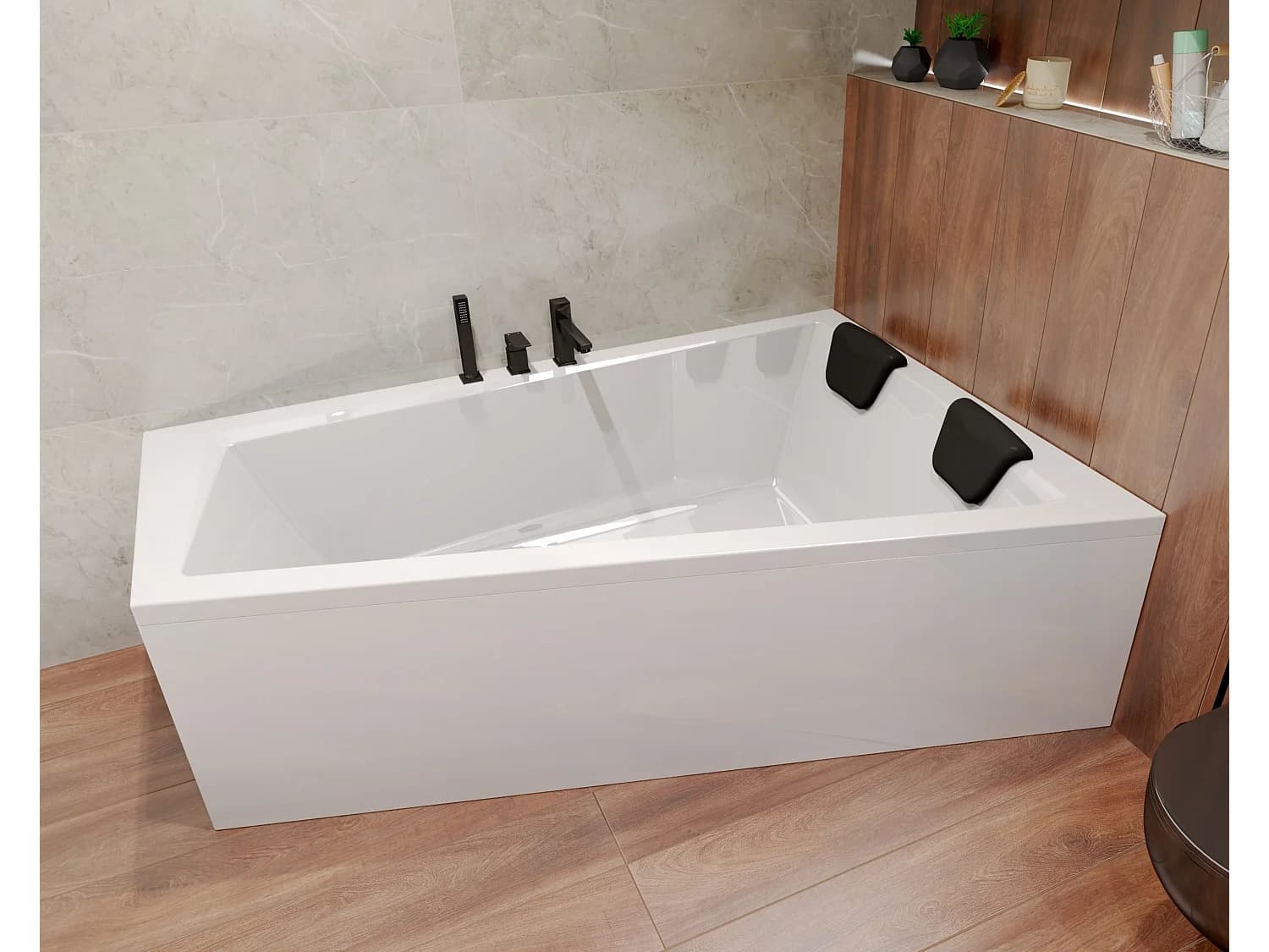 Baignoire asymétrique 180x125 Droite INTIMA acrylique blanc, sans Habillage + Repose Tête + Pieds + Vidage à chromé