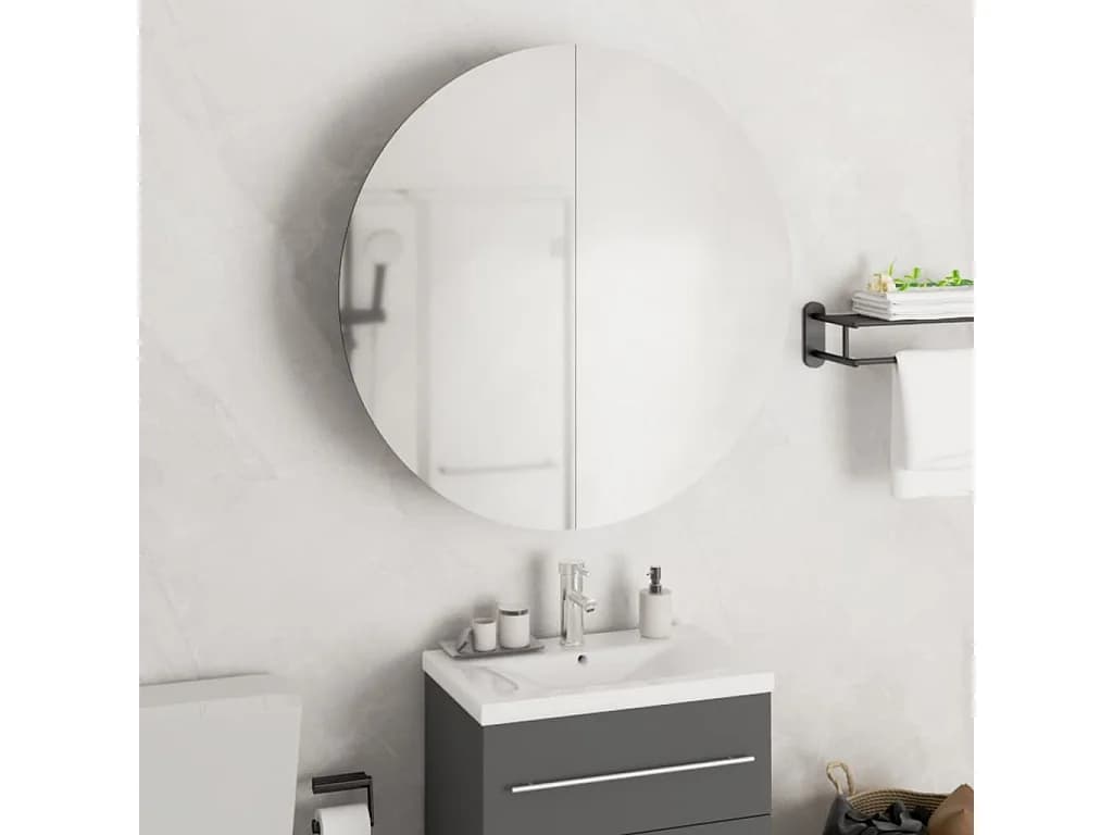 Armoire de salle de bain miroir rond et LED Blanc 54x54x17,5 cm