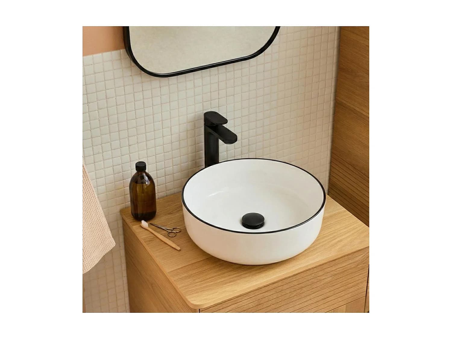 Vasque à poser ronde ALIX en céramique blanche et liseré noir 37cm