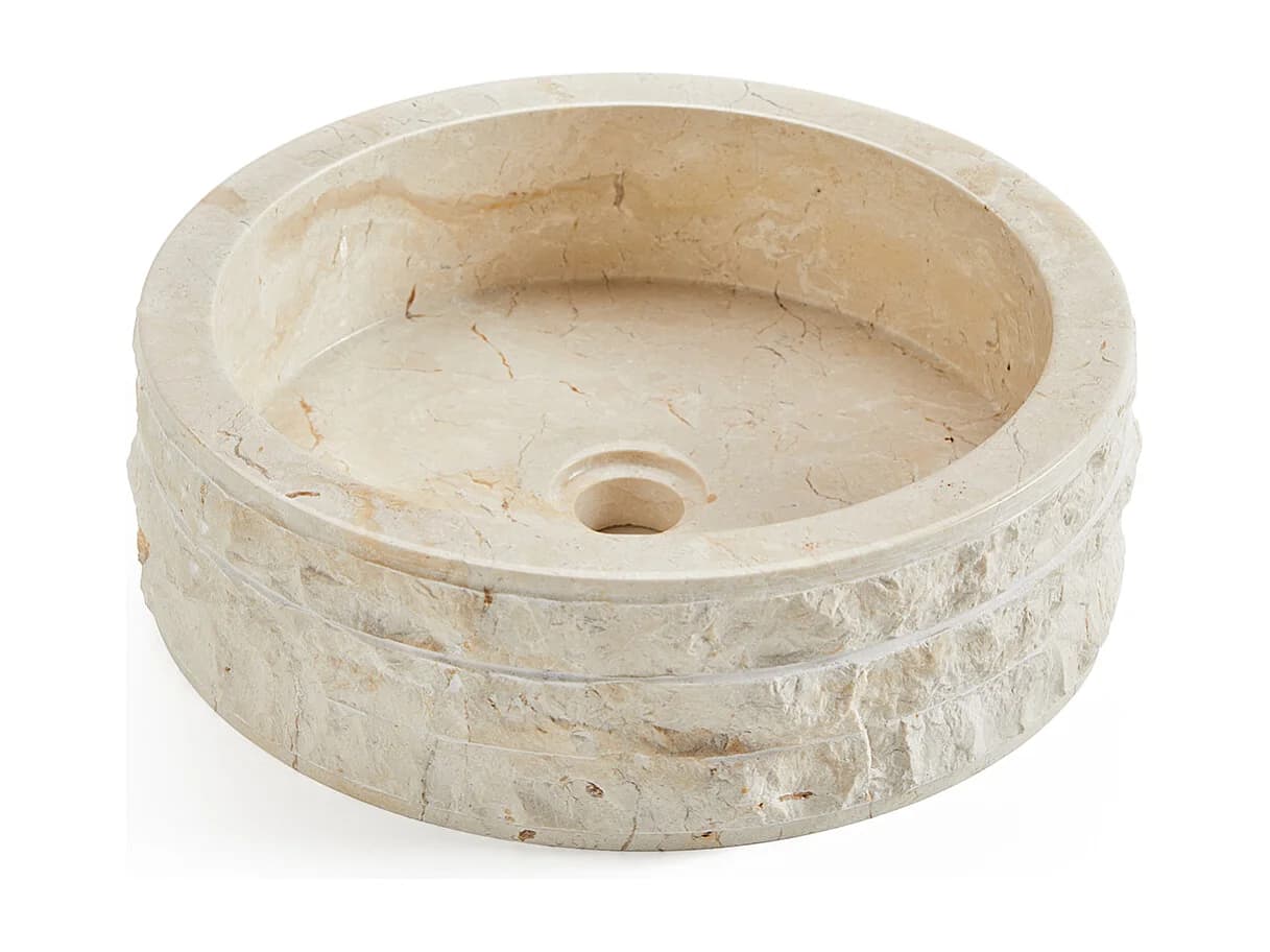 Vasque à poser / lavabo rond en marbre, coloris beige - Diamètre 40 x Hauteur 15 cm