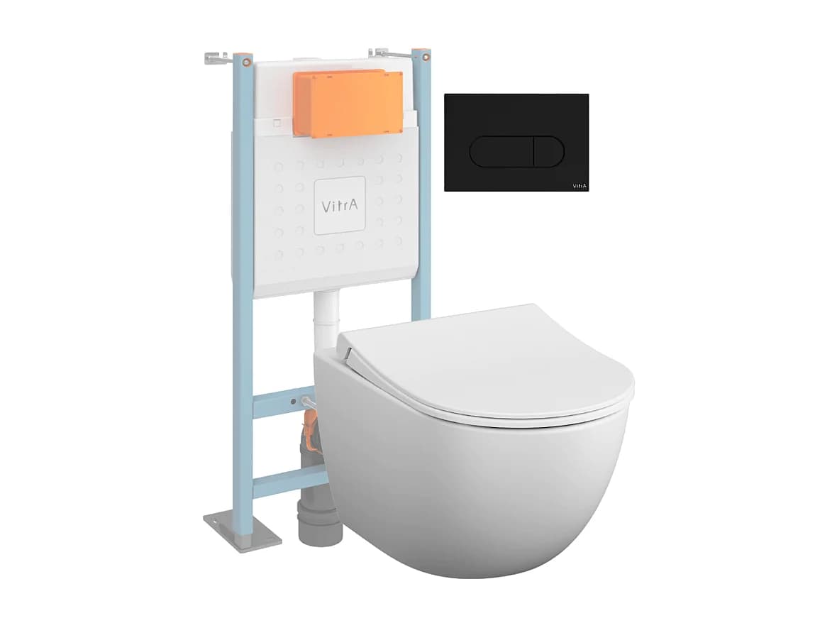 Pack WC suspendu VitrA Sento blanc mat + bâti autoportant V-Fix Core + Plaque Round noir mat