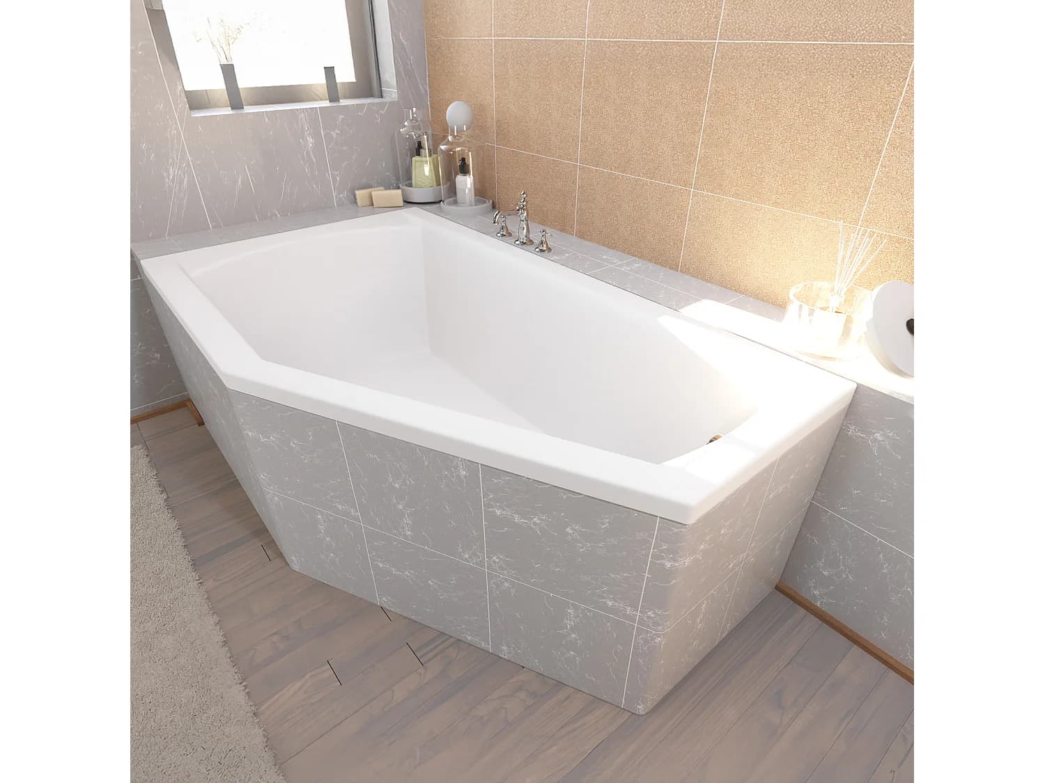Baignoire asymétrique 160x90 Droite SELENA acrylique blanc + Habillage en polystyrène + Pieds + Vidage à chromé