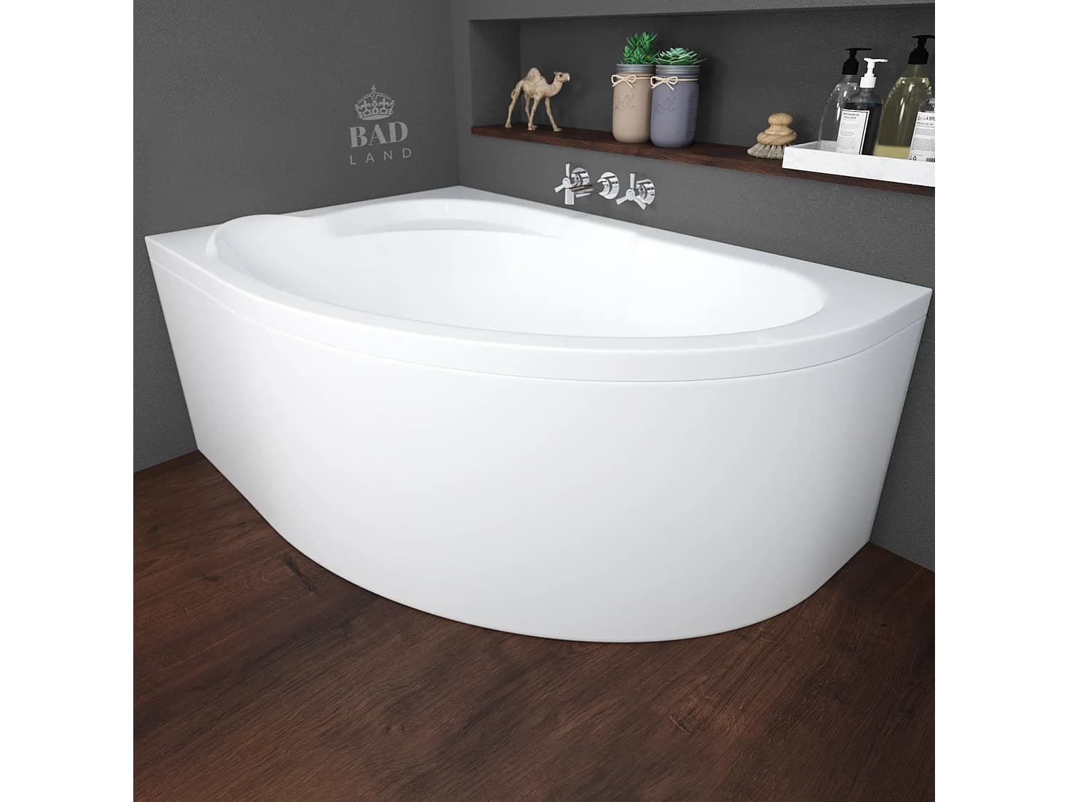 Baignoire asymétrique 130x85 Droite STANDARD acrylique blanc + avec Tablier + Pieds + Vidage à chromé