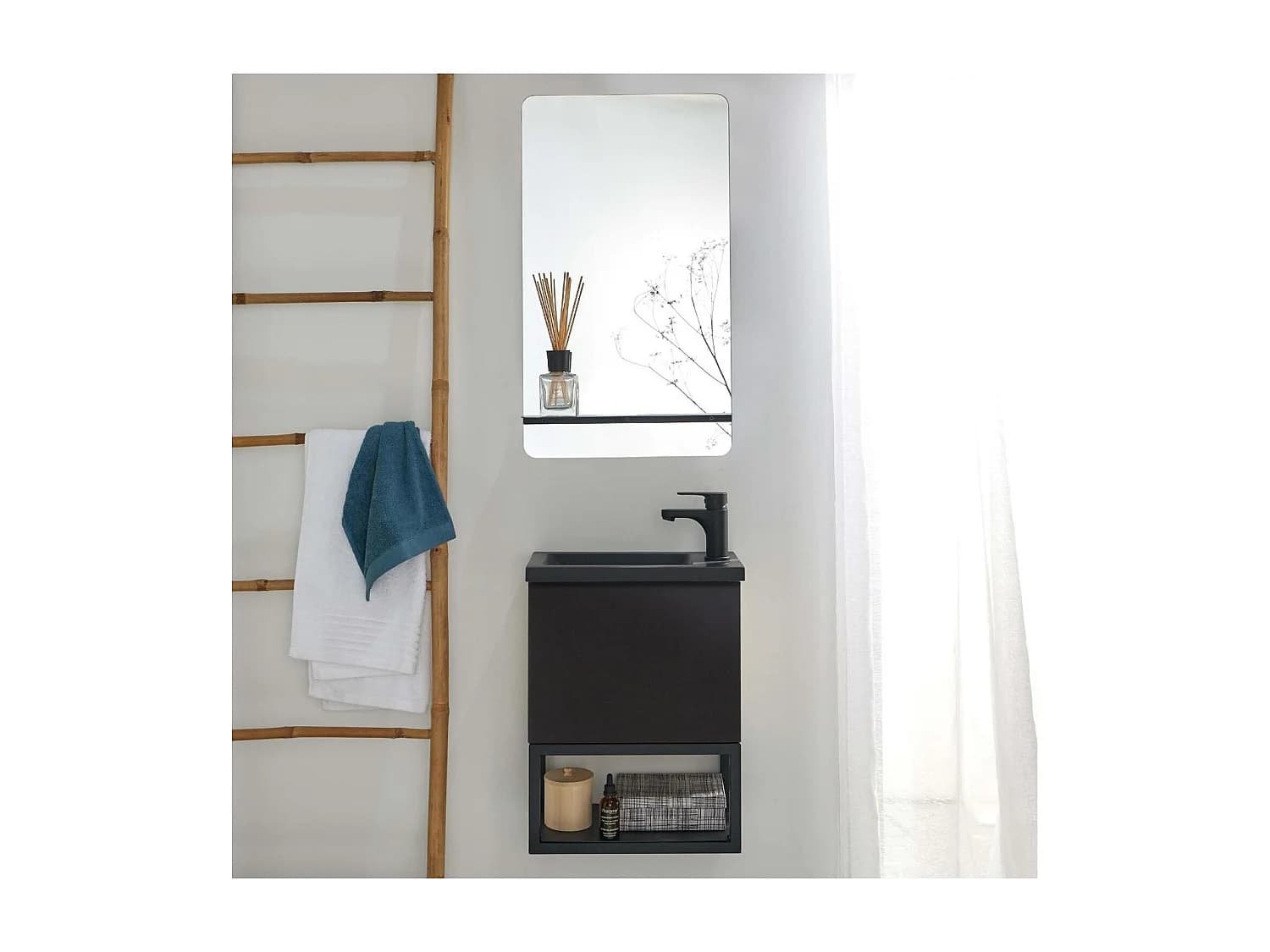 Ensemble lave-mains NOVA métal et bois avec miroir à tablette