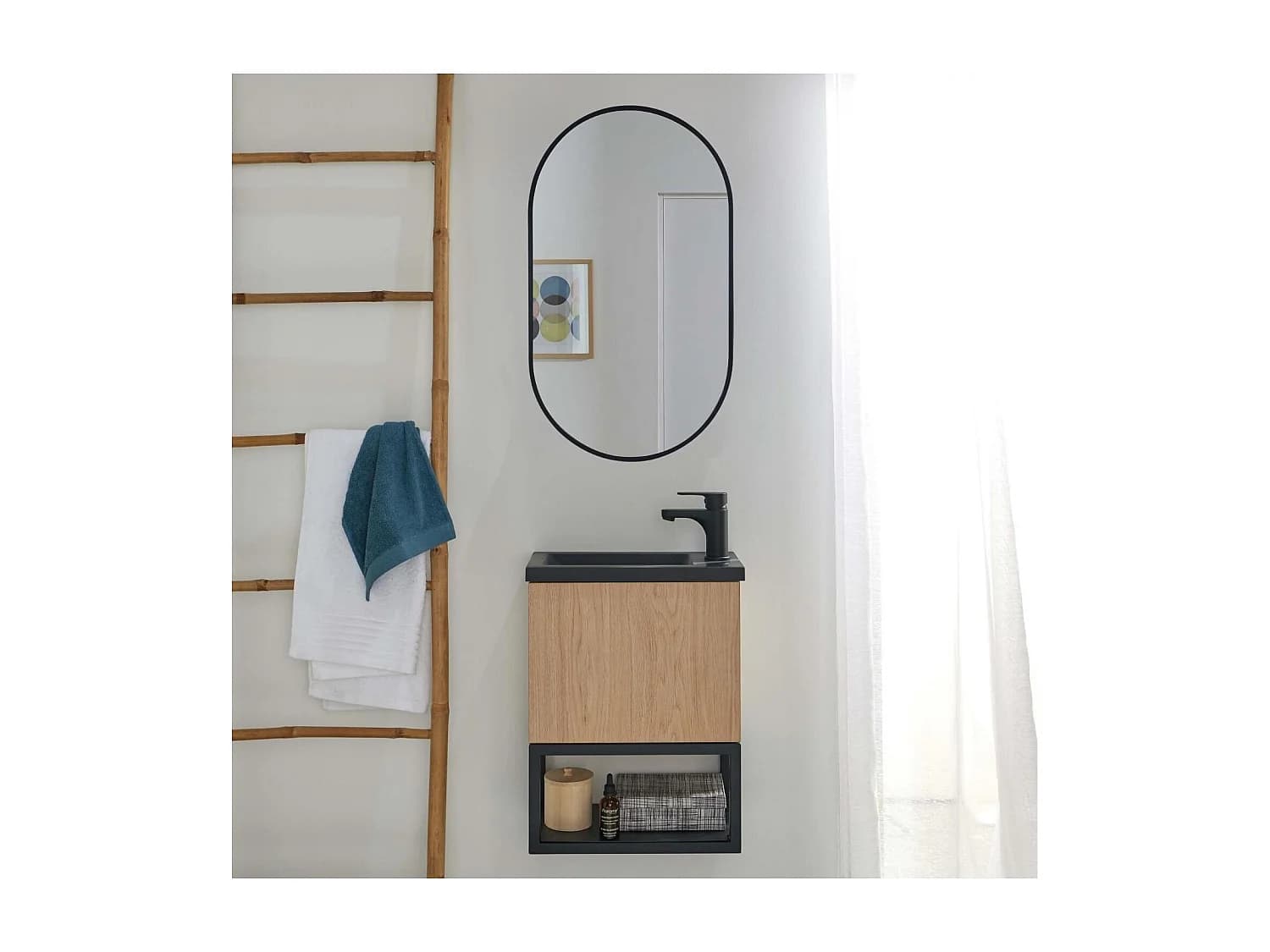 Ensemble lave-mains NOVA métal et bois avec robinet noir et miroir ovale