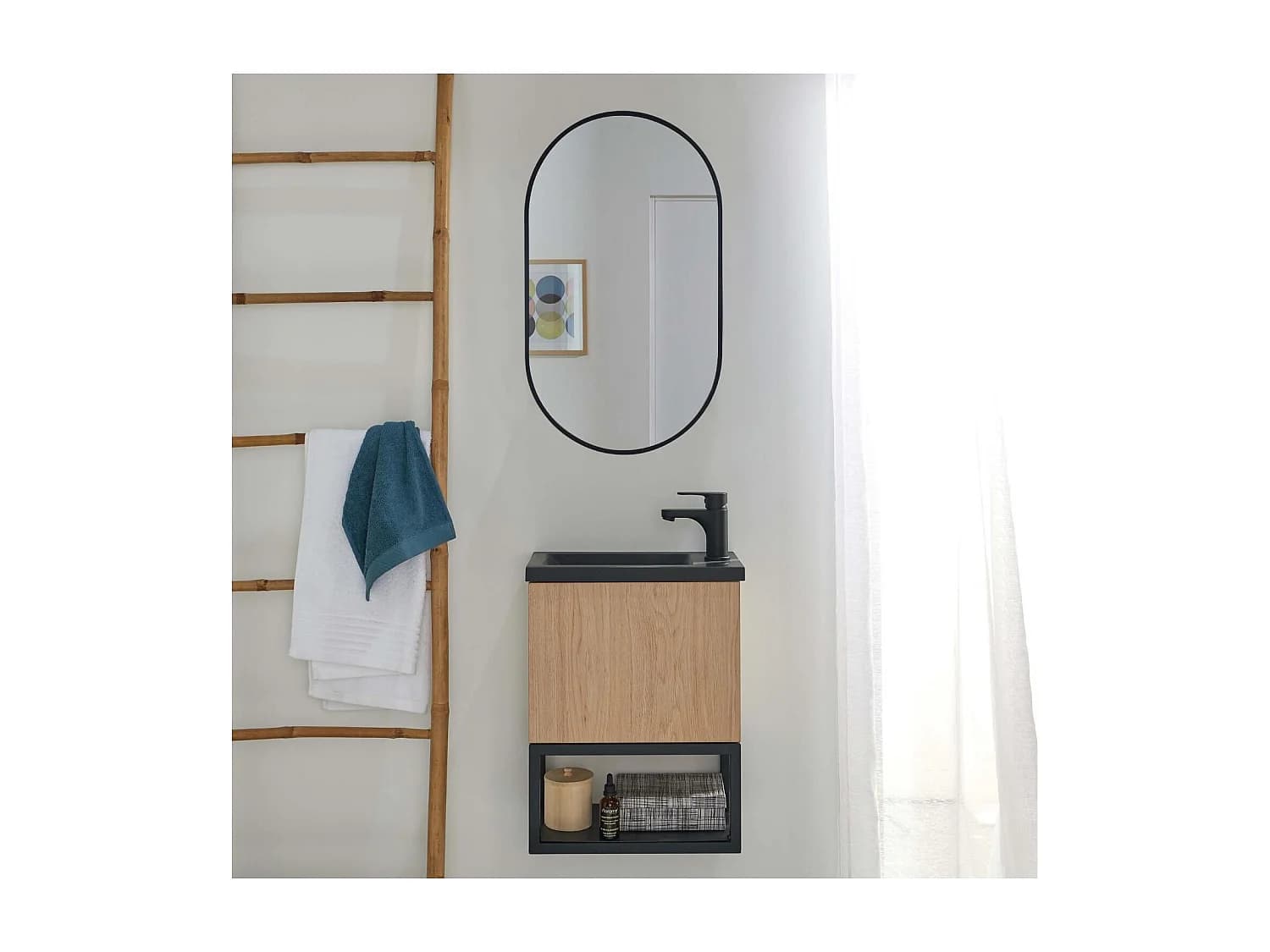 Ensemble lave-mains NOVA métal et bois avec miroir ovale
