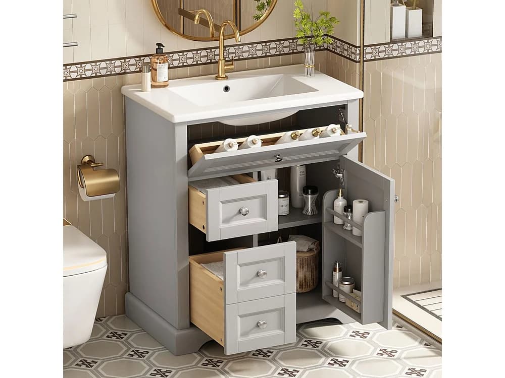 Meuble salle de bain lavabo vasque laque hydrofuge glissieres fermeture douce etageres porte tiroir rabattable surface reglable gris