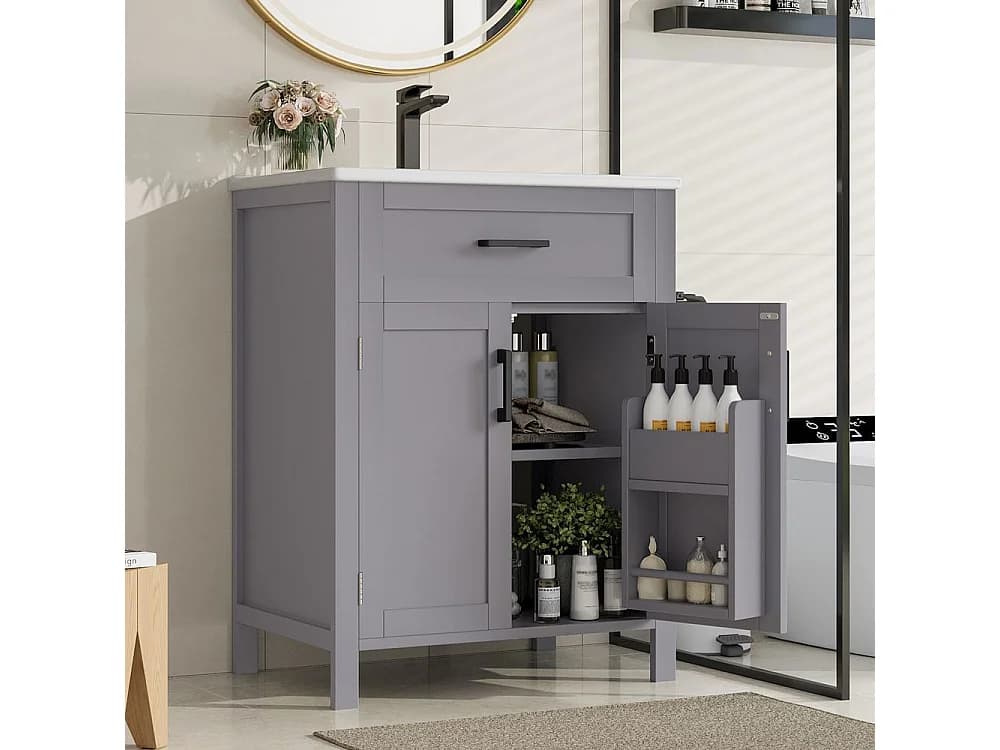 Meuble salle de bain lavabo vasque laque doubles etageres porte tiroirs pratiques etageres reglables vasque ceramique integre gris