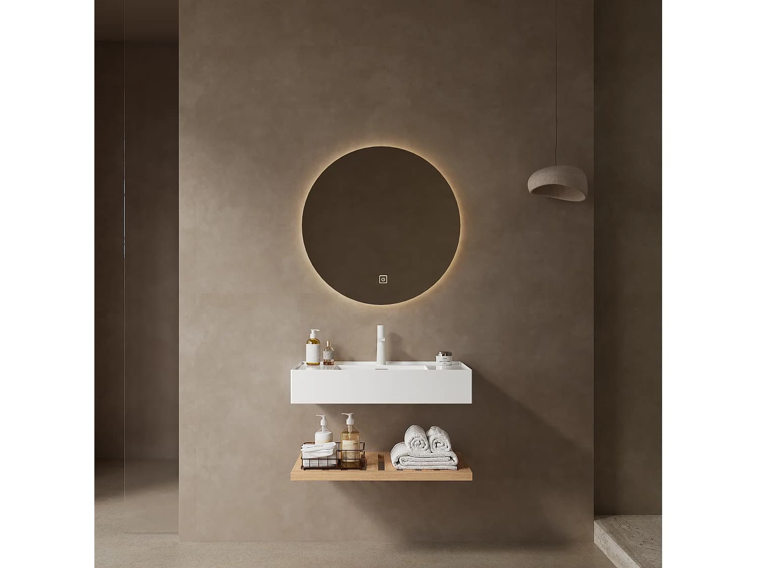 Meuble-lavabo suspendu avec bac rectangulaire en acrylique, design moderne, stratifié bois naturel et blanc, étagère à rayures (75x46x20.7 cm)