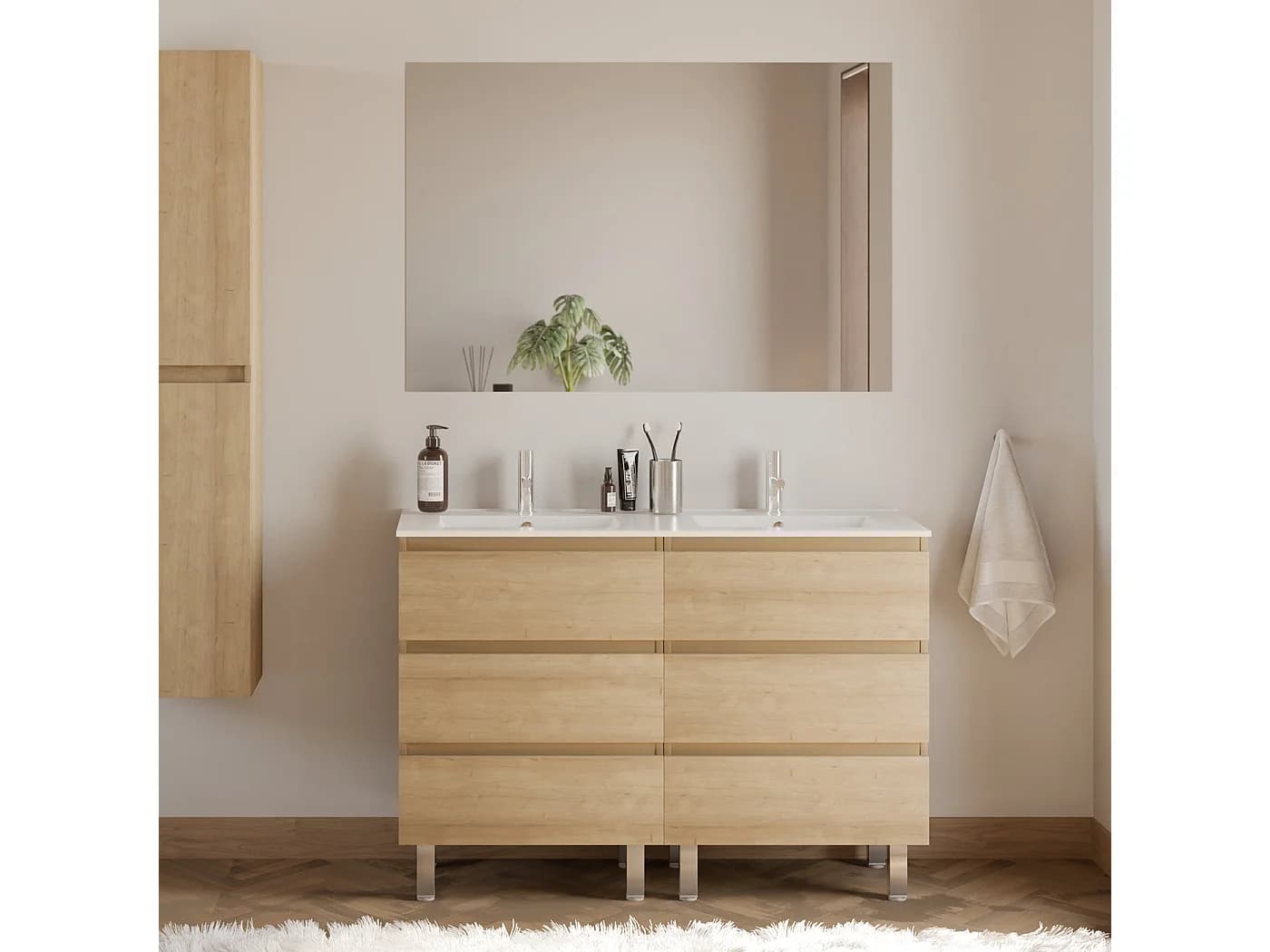 Meuble de salle de bain 120cm double vasque - 6 tiroirs - nebraska (bois clair) - MAYOR