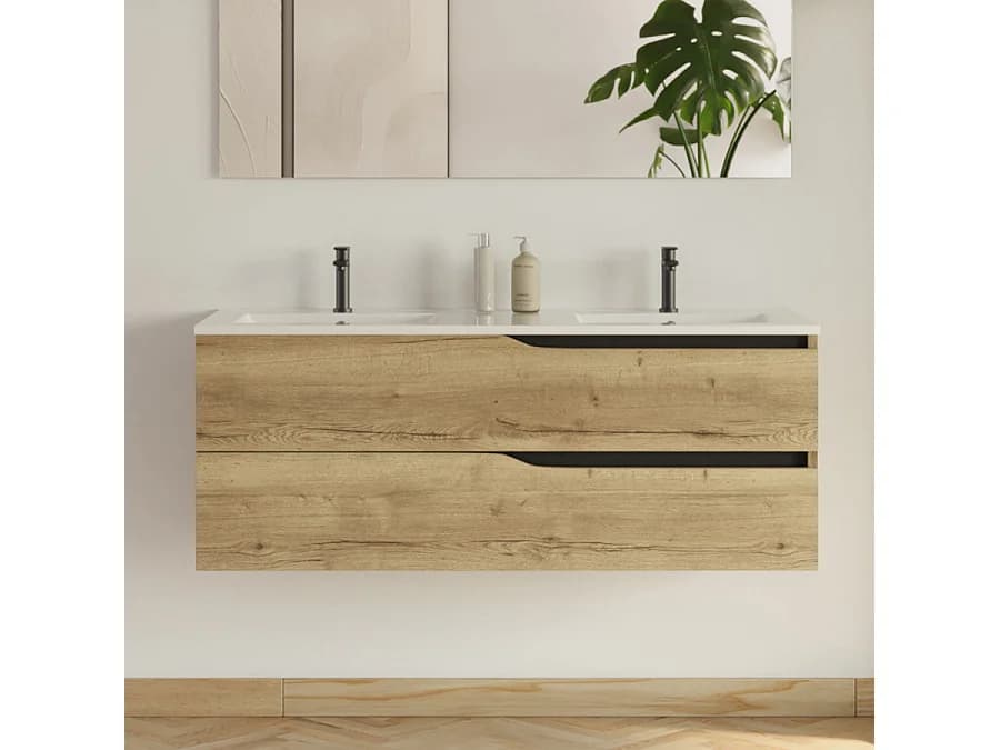 Meuble de salle de bain 120cm avec plan double vasque - 2 tiroirs - sans miroir - madera miel (bois clair) - LUNA