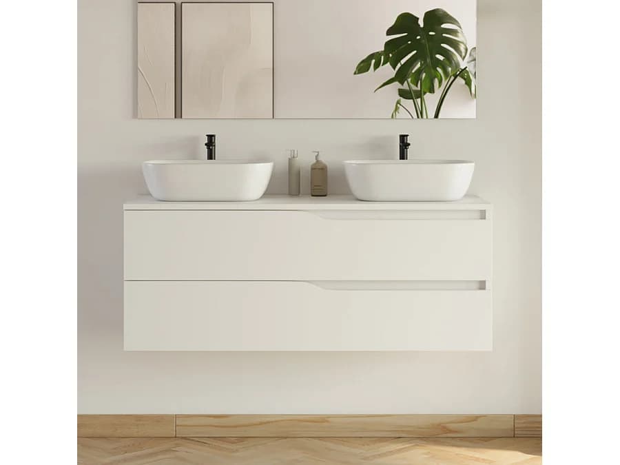 Meuble de salle de bain 120cm avec plateau et 2 vasques à poser Zeus - 2 tiroirs - sans miroir - blanc - LUNA
