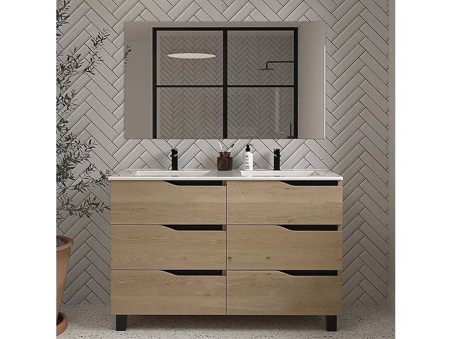 Meuble de salle de bain 140cm double vasque - 6 tiroirs - madera miel (bois clair) - MATA