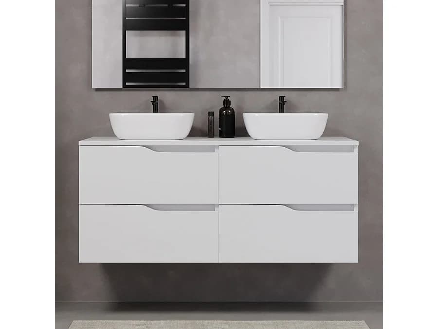 Meuble de salle de bain 120cm avec plateau et deux vasques à poser zeus - 4 tiroirs - sans miroir - blanc - LUNA