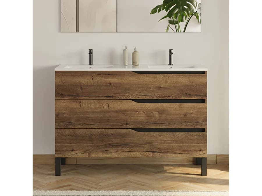 Meuble de salle de bain 120cm avec plan double vasque - 3 tiroirs - sans miroir - tabaco (chêne foncé) - MATA
