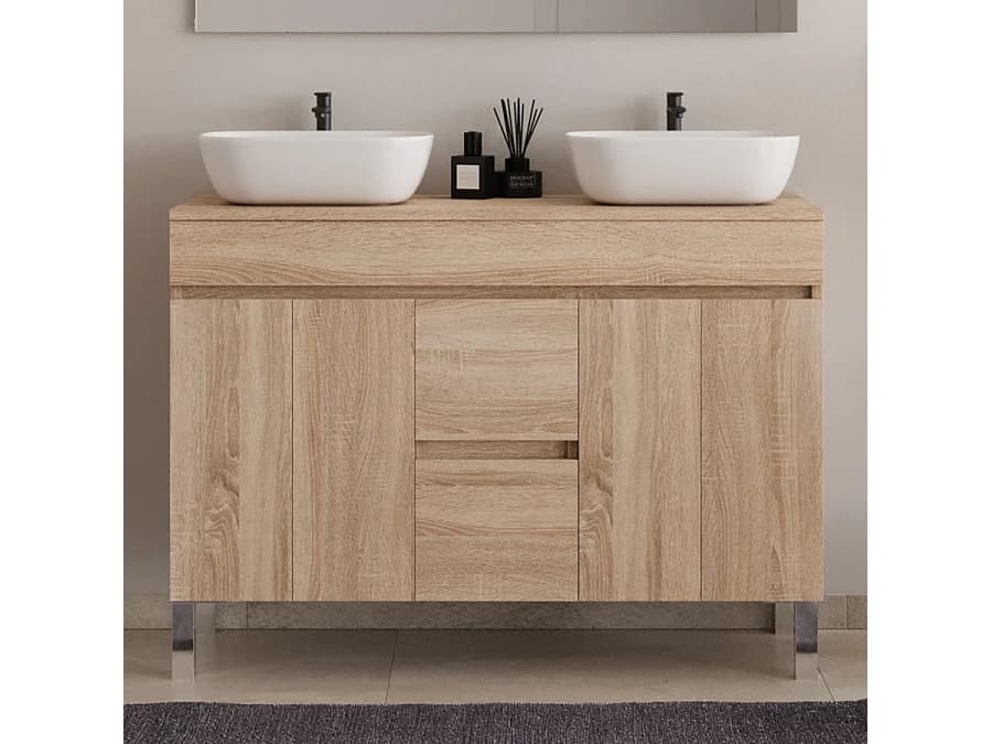 Meuble de salle de bain 120cm sur pieds avec plateau et deux cuves à poser arrondies - sans miroir - portes et tiroirs - cambrian (chêne clair) - HARO