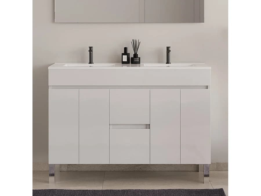 Meuble de salle de bain 120cm double vasque sans miroir sur pieds avec portes et tiroirs - blanc - HARO