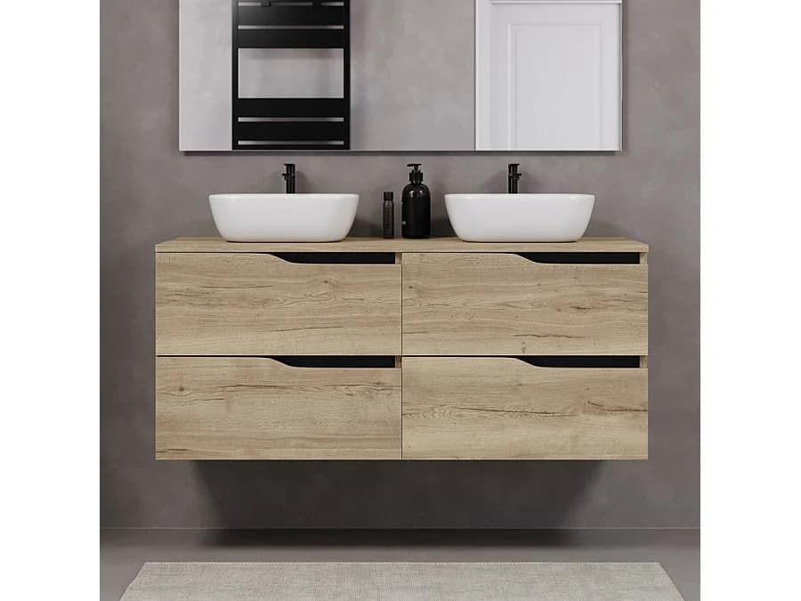 Meuble de salle de bain 120cm avec plateau et deux vasques à poser zeus - 4 tiroirs - sans miroir - madera miel (chêne clair) - LUNA