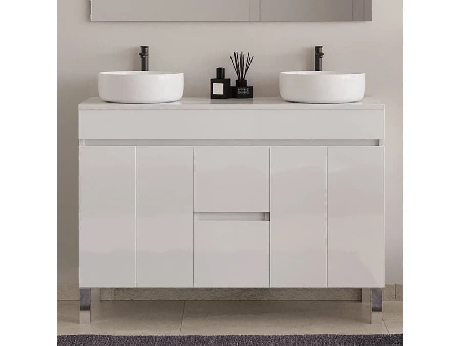 Meuble de salle de bain 120cm sur pieds avec plateau et deux cuves à poser rondes - sans miroir - portes et tiroirs - blanc - HARO