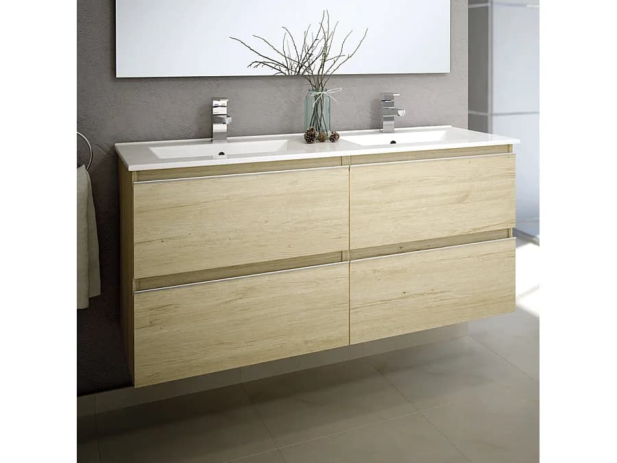 Meuble de salle de bain 140cm double vasque - 4 tiroirs - sans miroir - BALEA - bambou (chêne clair)