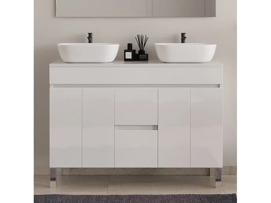Meuble de salle de bain 120cm sur pieds avec plateau et deux cuves à poser arrondies - sans miroir - portes et tiroirs - blanc - HARO
