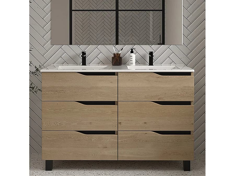 Meuble de salle de bain 140cm double vasque - 6 tiroirs - sans miroir - madera miel (bois clair) - MATA