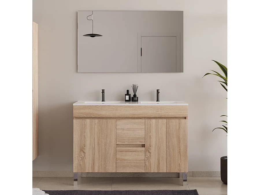 Meuble de salle de bain 120cm double vasque sur pieds avec portes et tiroirs - cambrian (chêne clair) - HARO