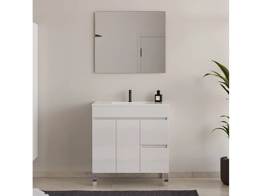 Meuble de salle de bain 80cm simple vasque sur pieds avec portes et tiroirs - blanc - HARO