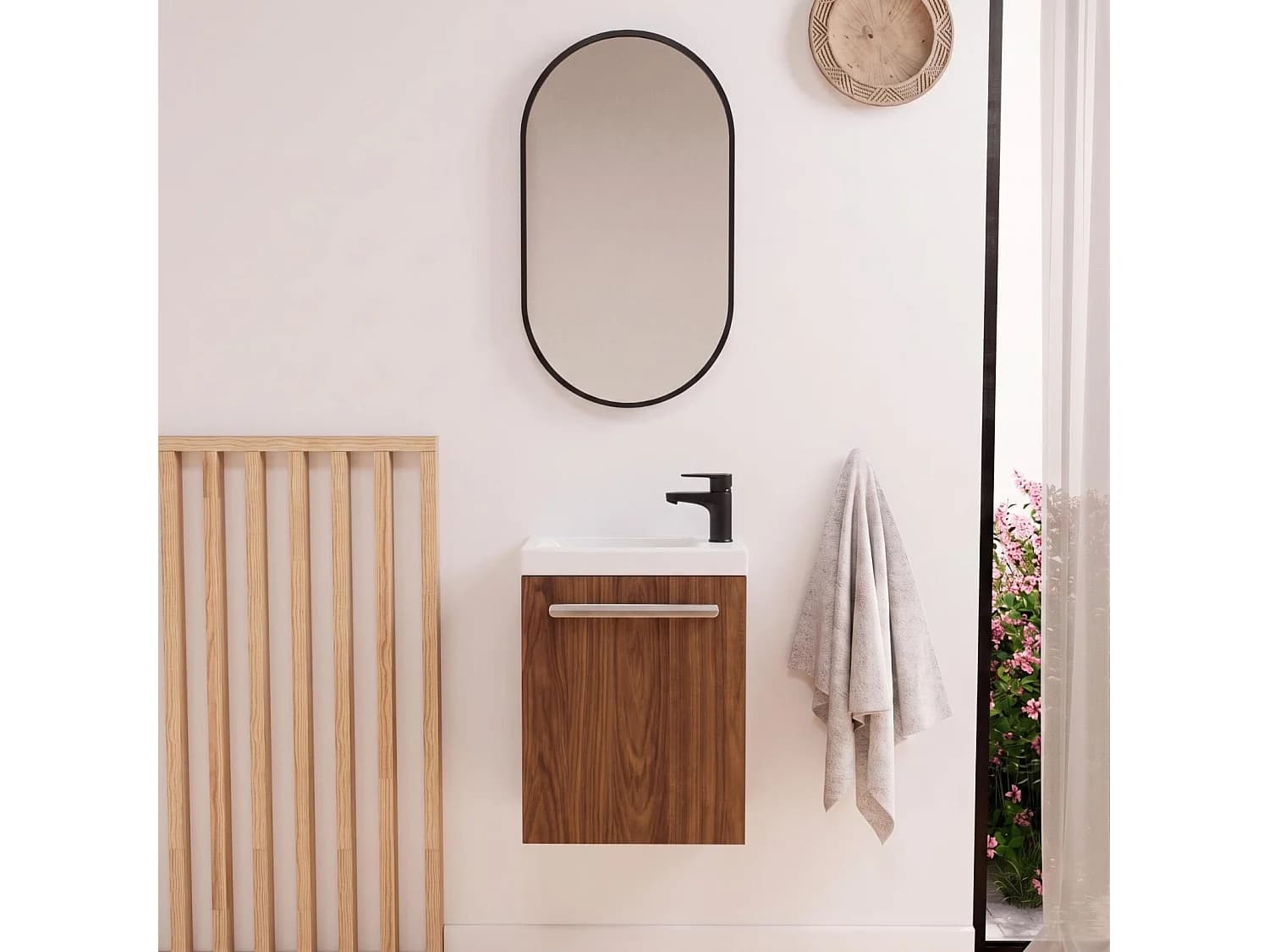 Ensemble lave-mains suspendu NEVADA avec robinet noir et miroir ovale