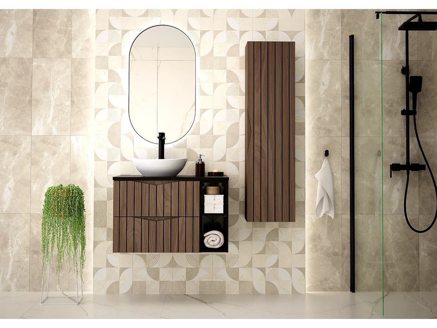 Ensemble de salle de bain 80 cm Armoire avec plateau Étagère Façades rainurées Chêne Noyer Stella