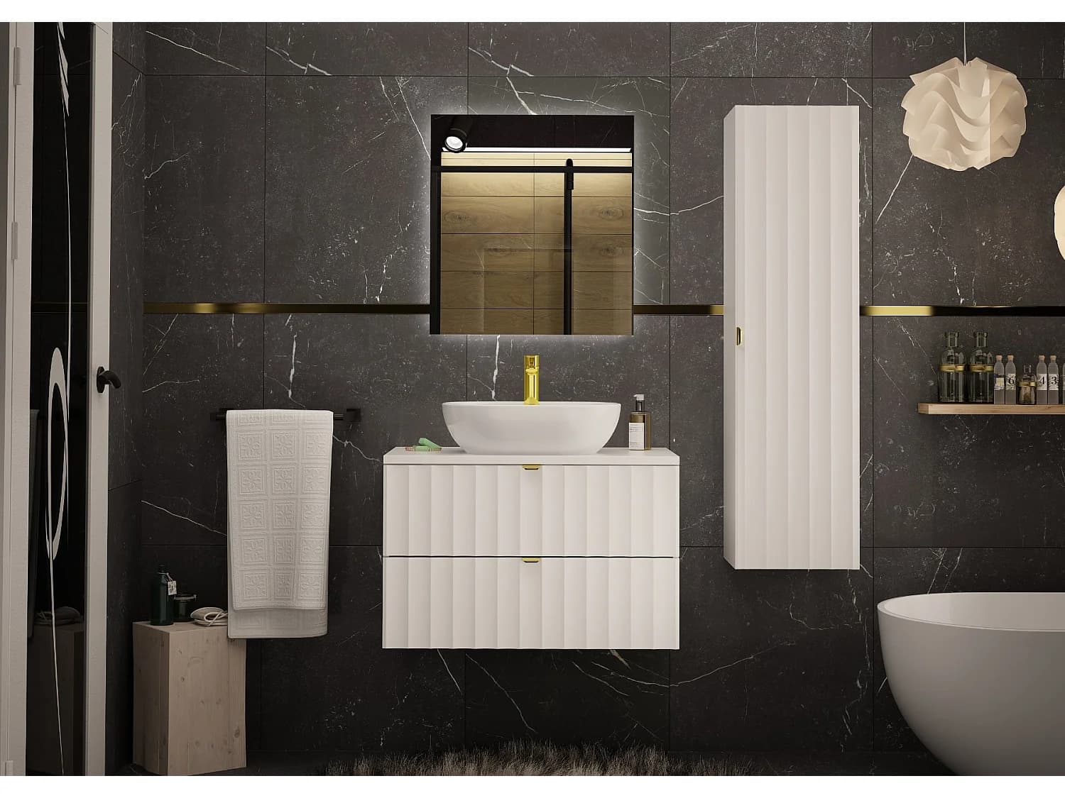 Ensemble de salle de bain blanc 80 cm Armoire avec plateau Façades rainurées Arcos