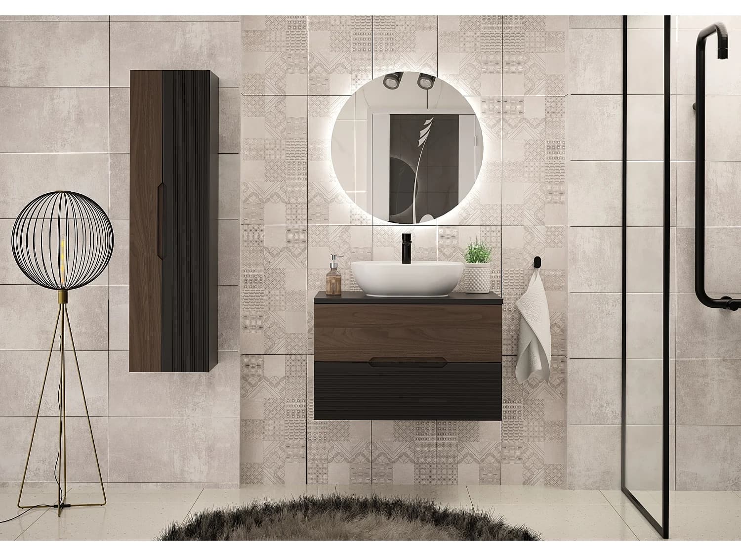 Armoire de salle de bain sous lavabo 80 cm Noir mat / Noyer Avella