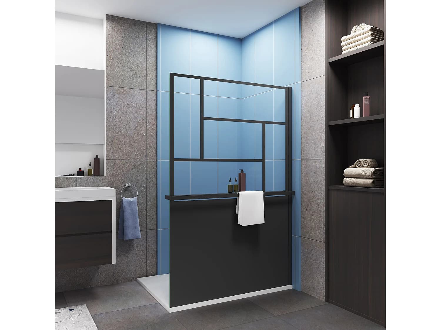 Paroi de douche 120x200cm style industriel + Étagère de Douche 120cm en alu noir + 8mm verre anticalcaire