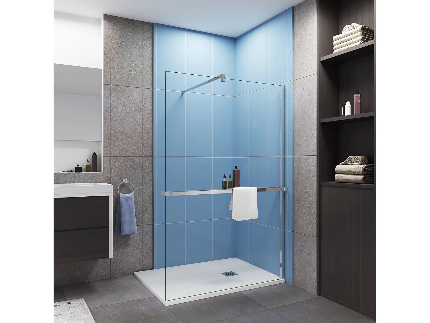 Paroi de douche à l'italienne Chrome 140x200cm - 8mm verre anticalcaire + Barre de fixation 90 cm avec pince + Étagère de Douche 140cm en alu