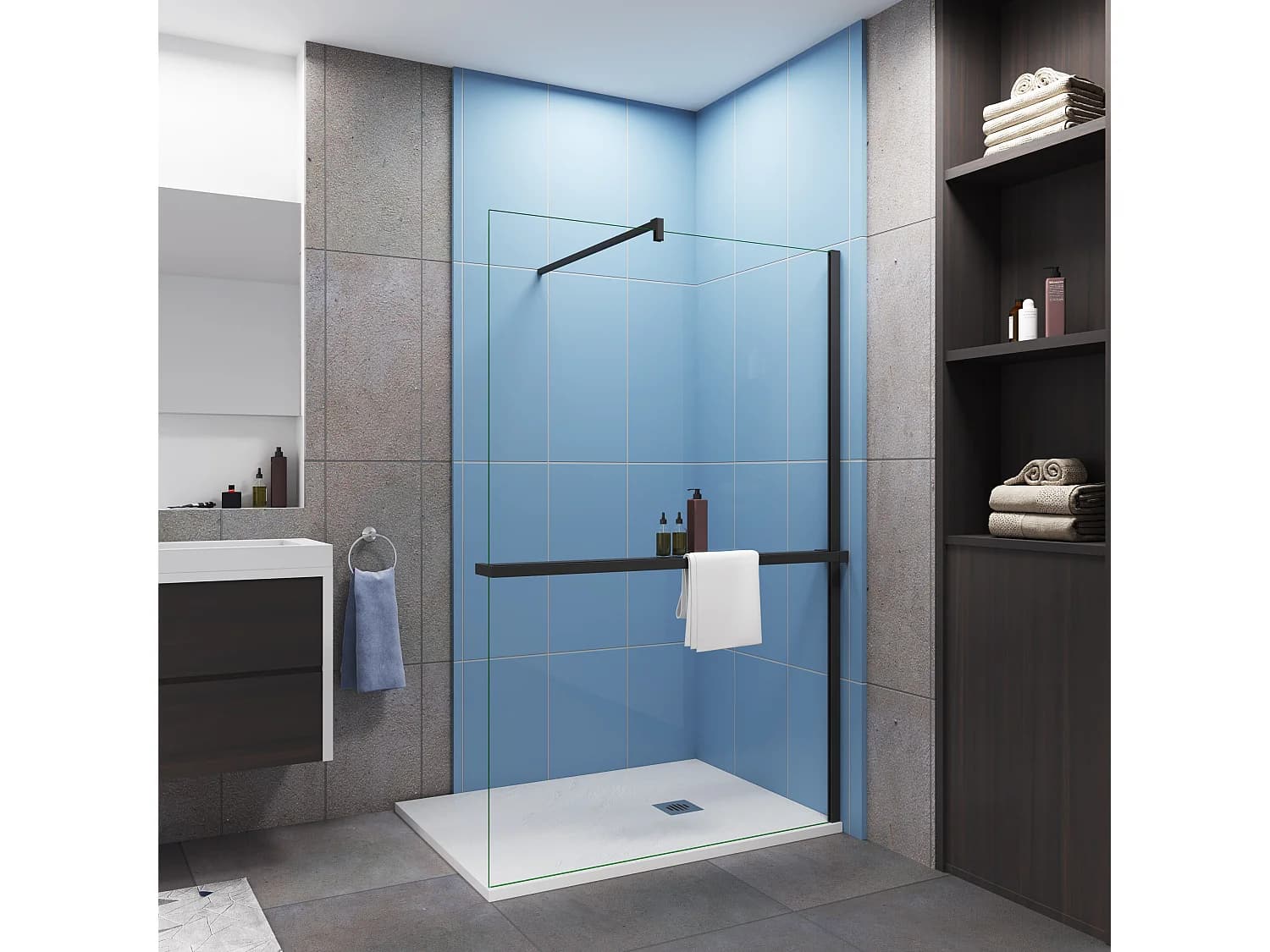 Paroi de douche fixe 140x200 cm + Barre de fixation 90 cm avec pince + Étagère de Douche 140cm en alu - verre 8 mm anticalcaire - Noir mat