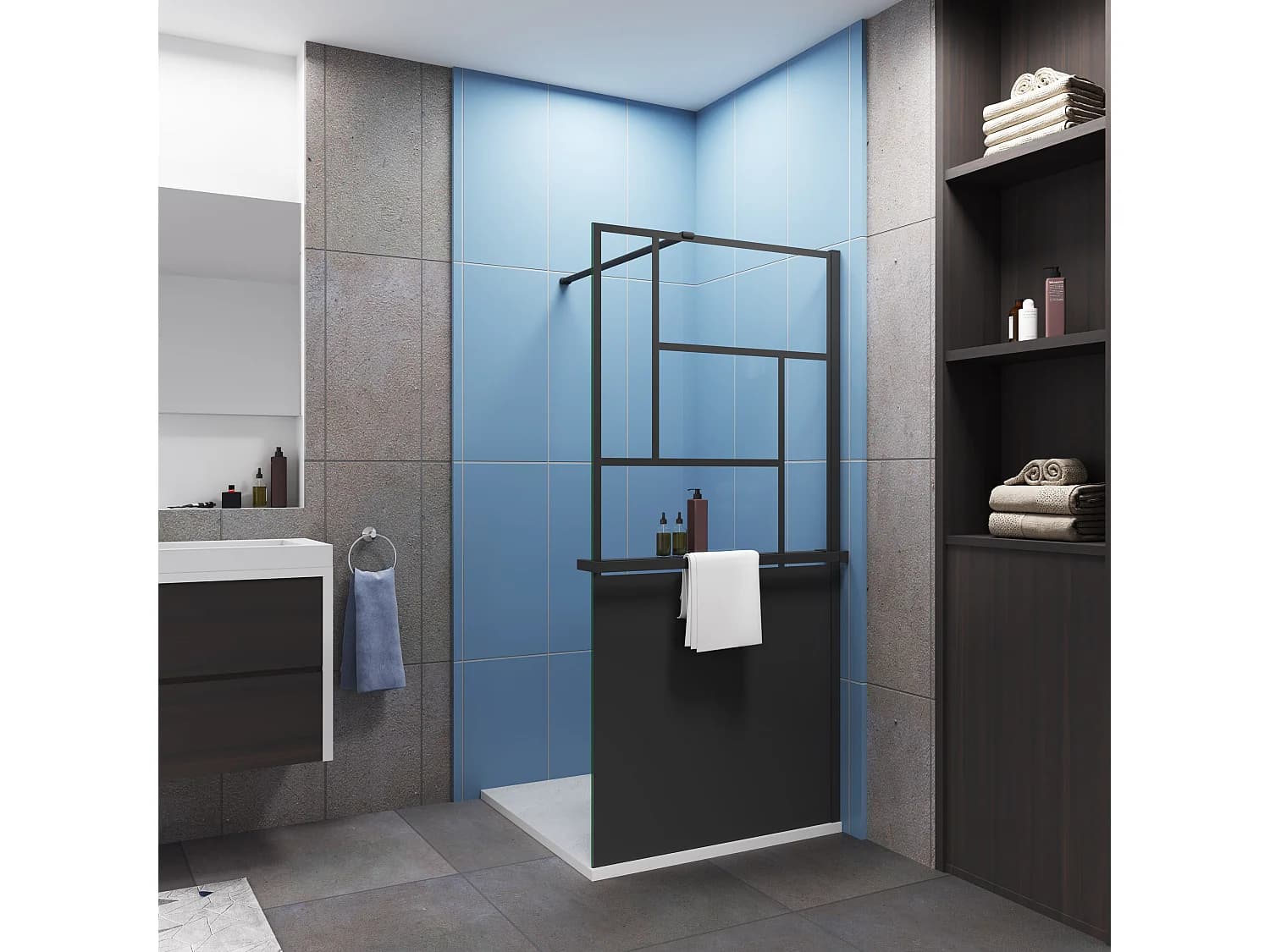 Paroi de douche 90x200cm style industriel + Étagère de Douche 90cm en alu noir + 8mm verre anticalcaire + barre de fixation 90cm