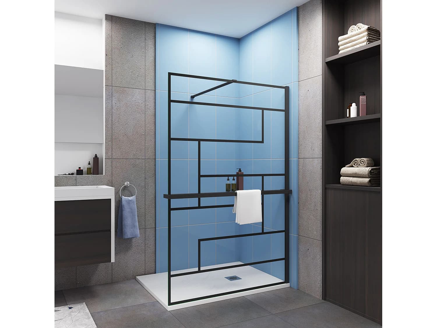 Paroi de douche fixe Noir 140 x 200cm - 8mm verre anticalcaire Style moderne + Étagère de Douche 140cm + barre de fixation 90cm