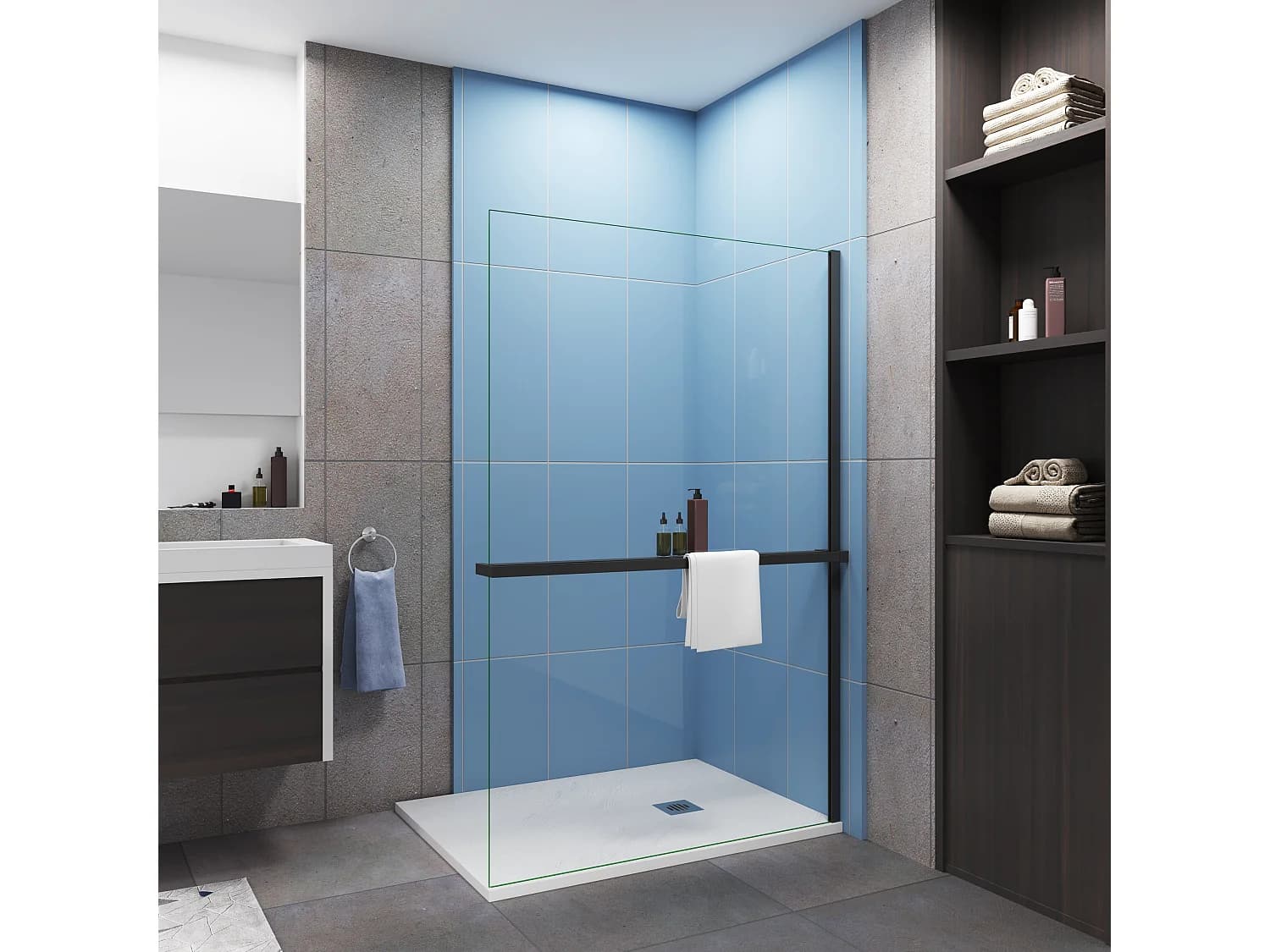 Paroi de douche fixe 120x200 cm - verre 8 mm anticalcaire - Noir mat + Étagère de Douche 120cm en alu