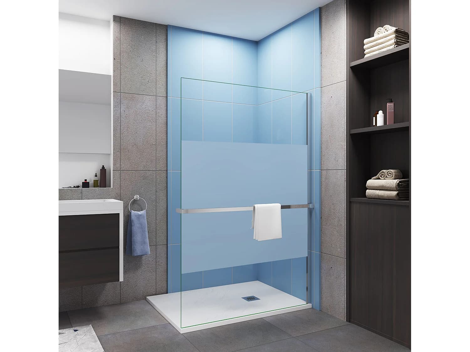 Paroi de douche à l'italienne Chrome 140x200cm - anticalcaire verre 8mm bande central dépoli Avec Étagère de Douche 140cm en alu chrome