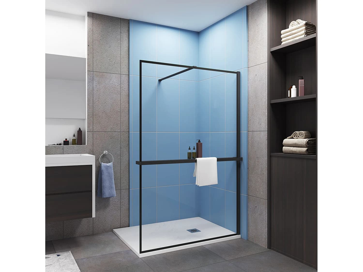 Paroi de douche à l'italienne noir 140x200cm - 8mm verre anticalcaire Avec Étagère de Douche 140cm en alu noir + barre de fixation noir 140cm