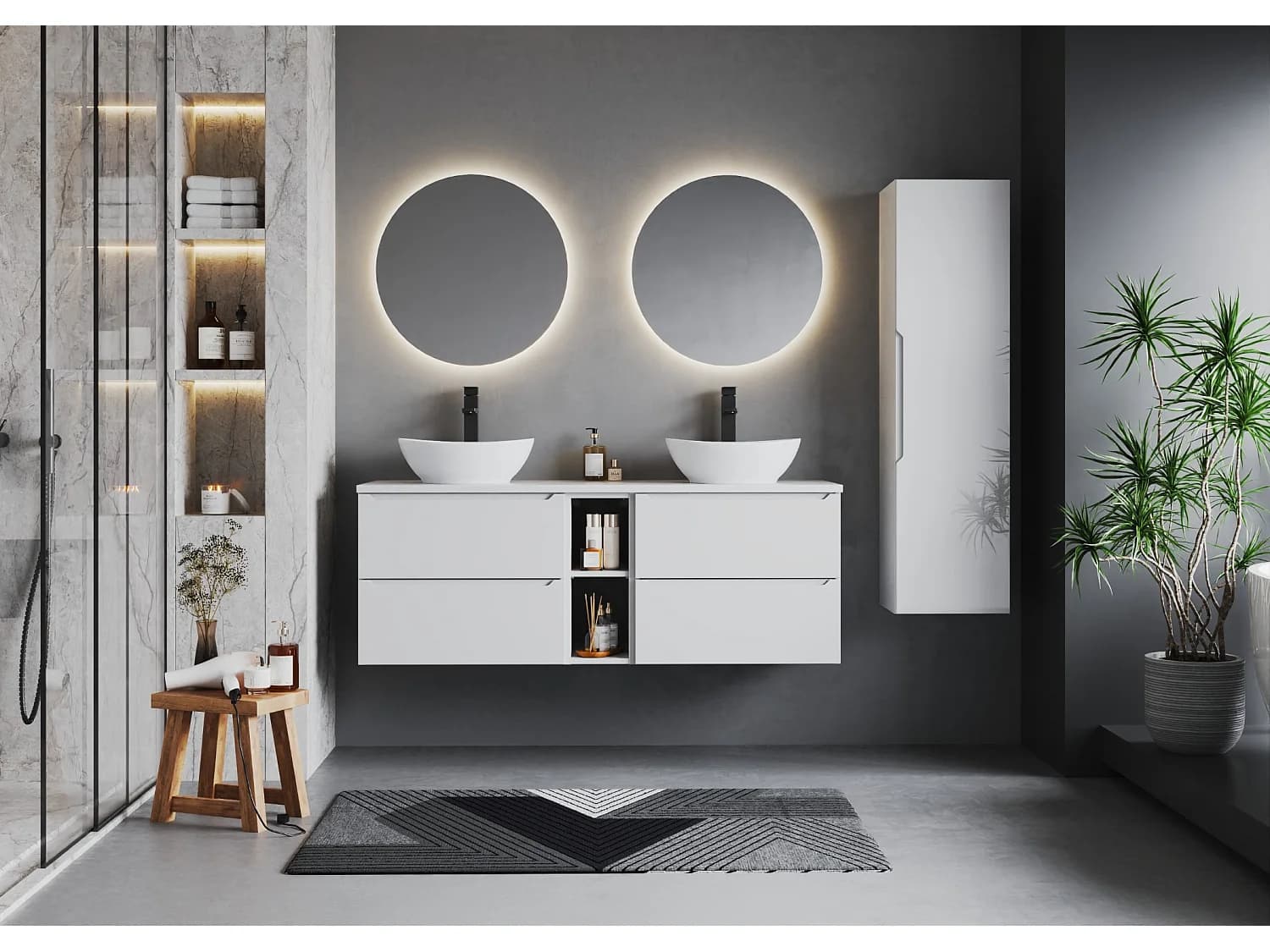 Ensemble blanc pour salle de bain 140 cm Armoire Étagère Plan de travail Etna