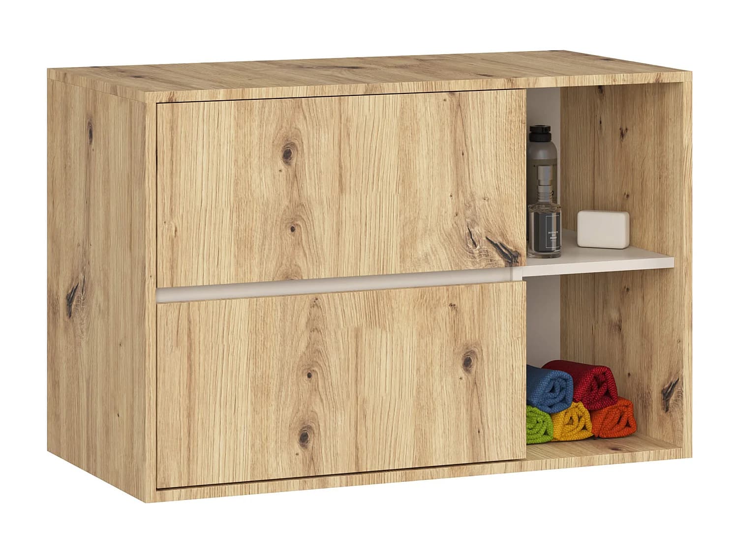 Meuble salle de bains VAMI suspendu sans vasque Chêne Artisan, Cachmire 90 cm 2 tiroirs 2 étagères 90x45,5x60 cm