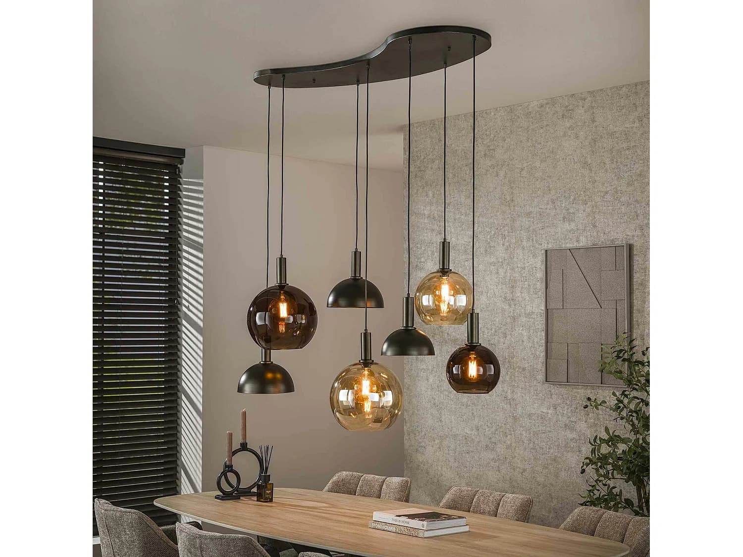 Suspension industrielle abat-jour verre et métal 7 lampes NOVA