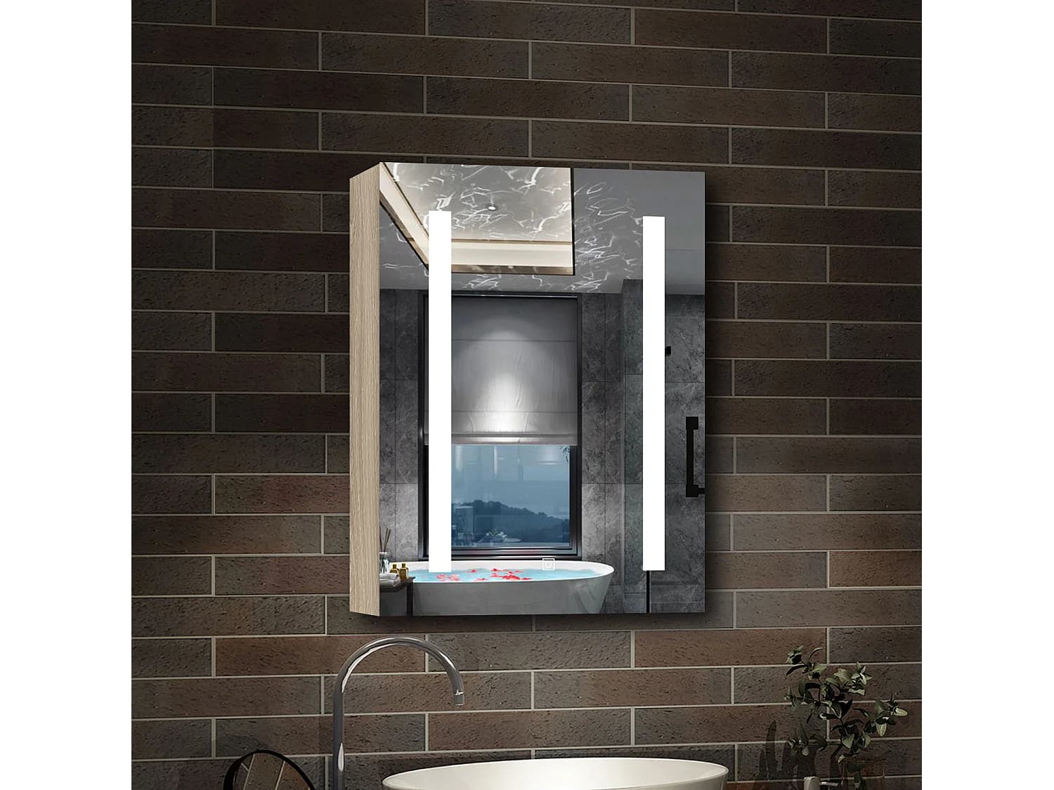 AICA Armoire murale de salle de bain LED, LED + Dimmable + Prise + Anti-Buée, 70x60cm, Chêne