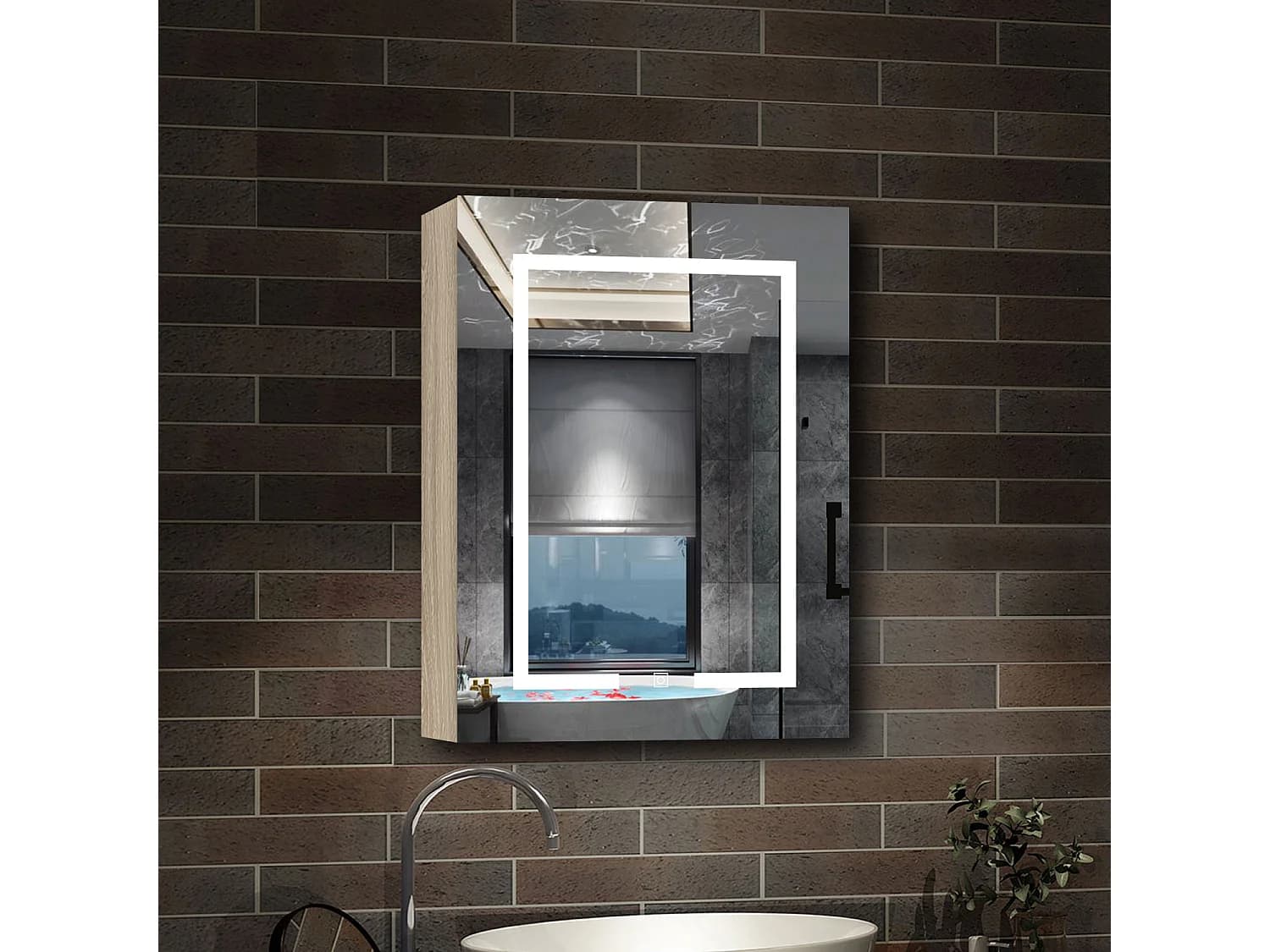 AICA Armoire murale de salle de bain LED, avec Prise Rasoir, 70x40cm, Anti-Buée + Tricolore LED, Chêne