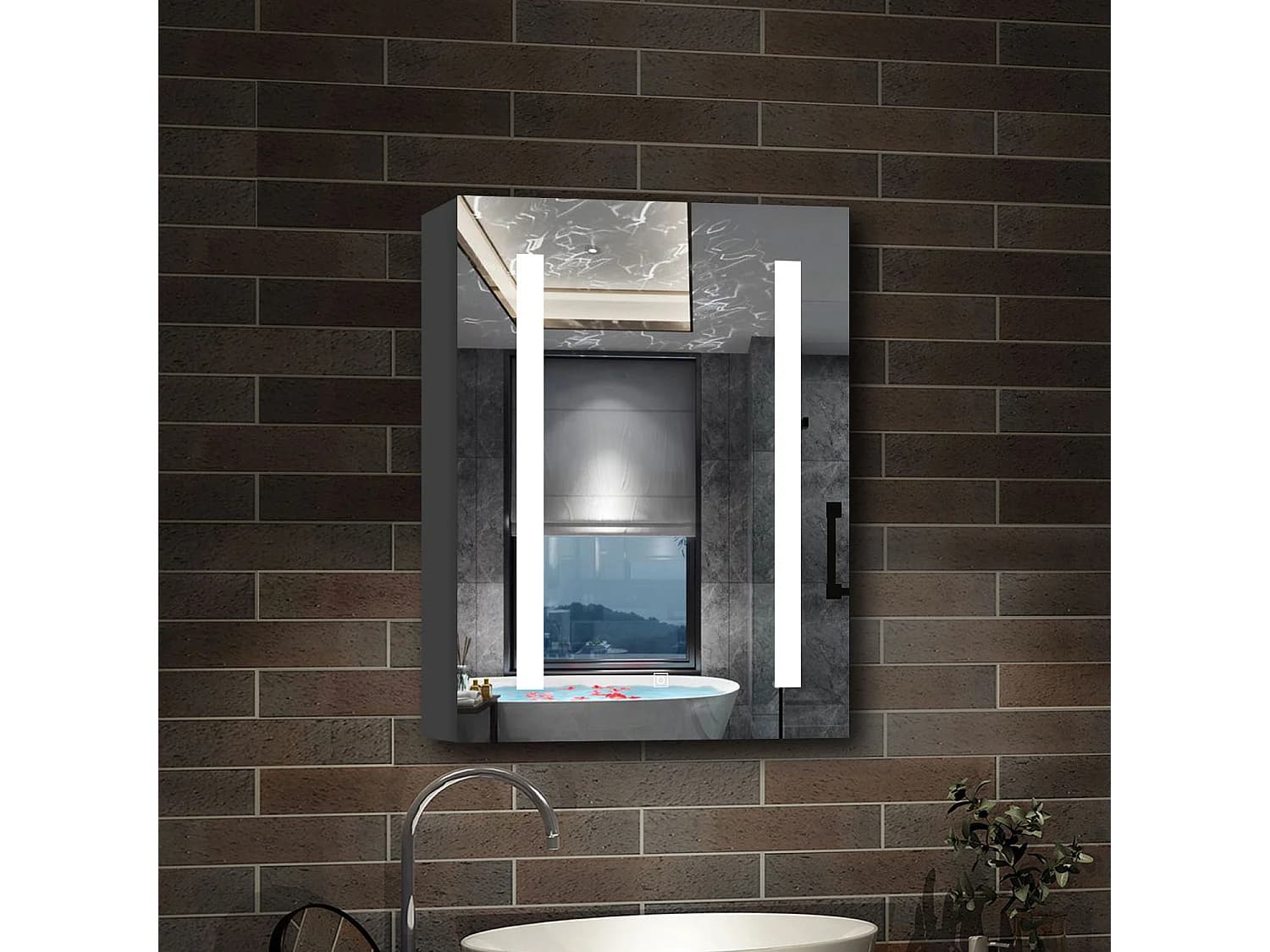 AICA Armoire murale de salle de bain LED, LED + Dimmable + Prise + Anti-Buée, 70x60cm, Anthracite