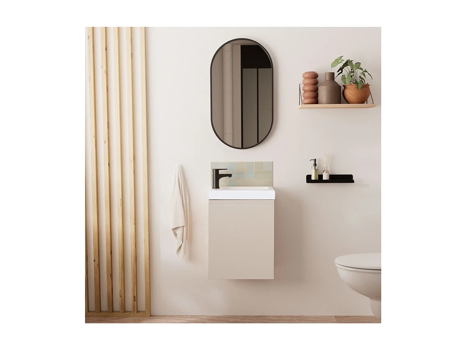 Meuble lave-mains LISA + robinet noir + miroir ovale