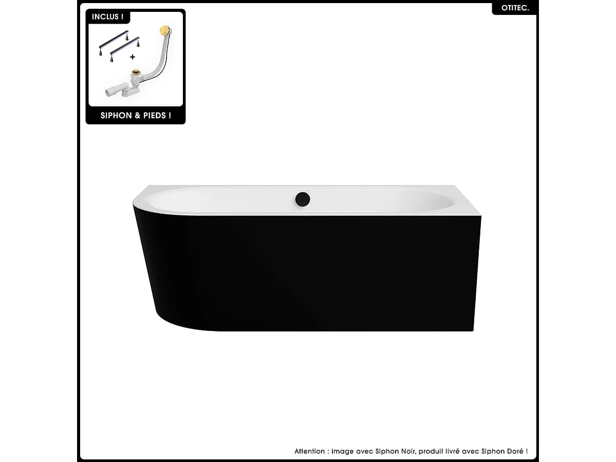 Baignoire asymétrique - 170 x 75 cm - Droite - Siphon Doré & Pieds - INCLUS - NOIR - AVITA A-LINE