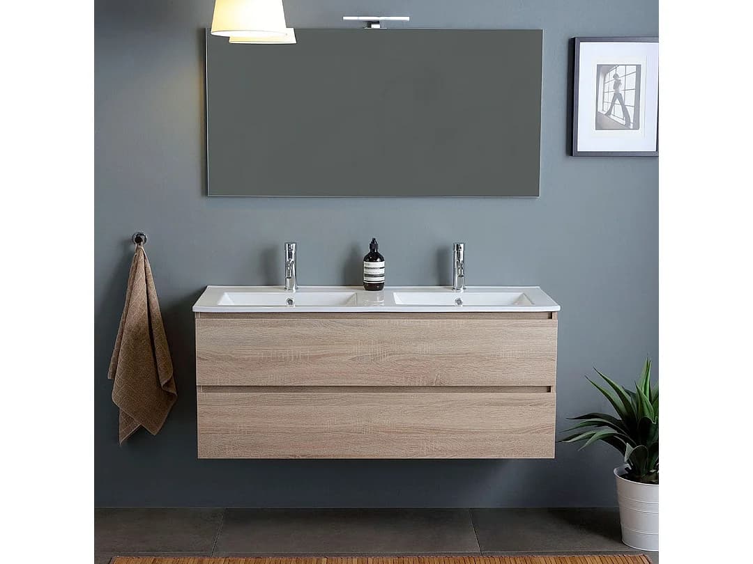 Double Lavabo Mural Meuble De Salle De Bain Avec Tiroirs Chêne Naturel 120Cm | Berlin