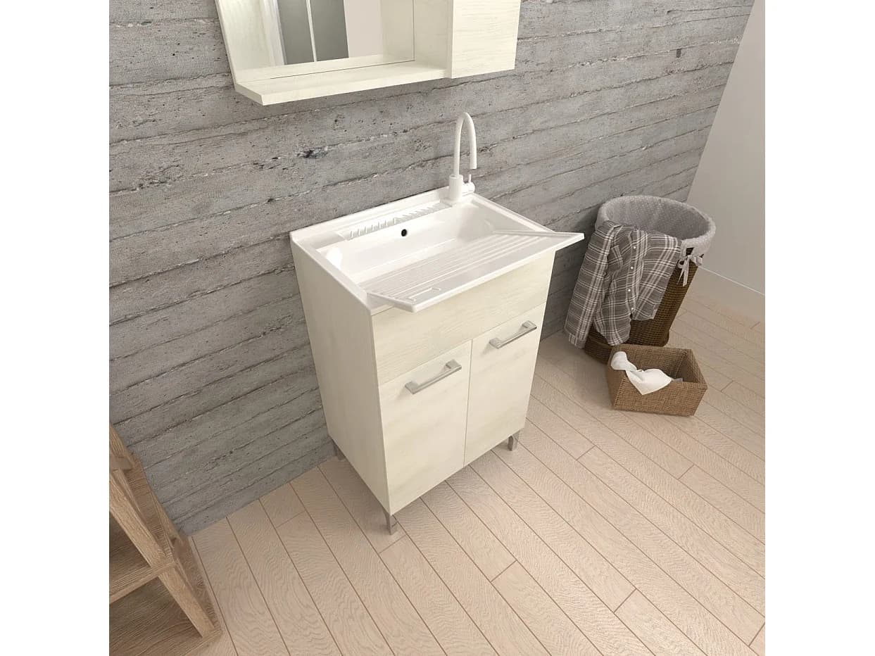Meuble Buanderie Avec Lavoir 60Cm Avec Portes En Chêne Blanc | Pratico